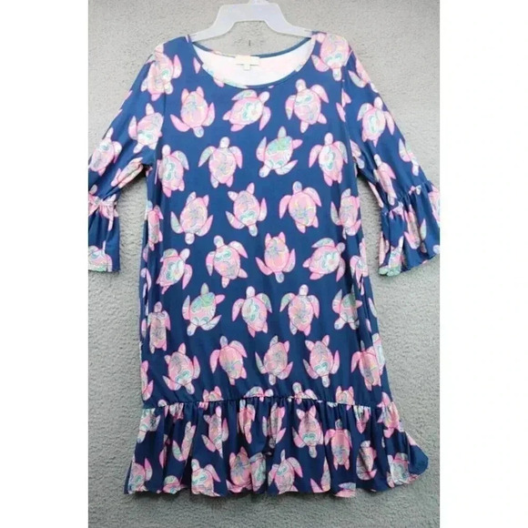 Simply Southern Midi Pink Floral Turtles Dress-Medium-Bell Sleeves - Picture 1 of 9